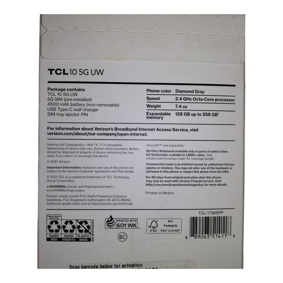 TCL 10 5G UW Diamond Gray Verizon Single SIM 128GB 6GB-RAM NFC 2.4GHZ 48MP CAM - Picture 2 of 3